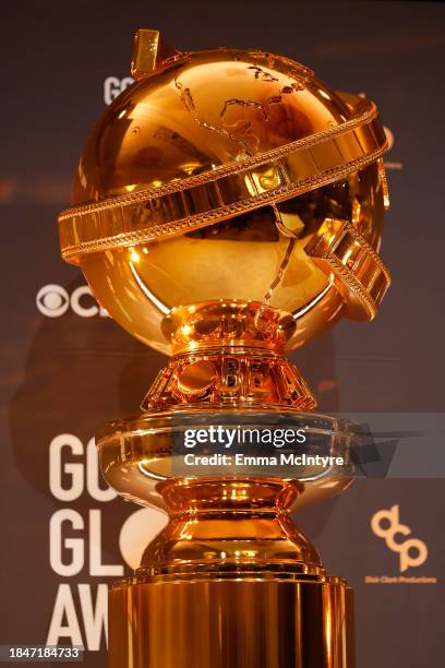 View of the Golden Globe Award trophy statue onstage before the 81st Golden Globe Awards nominations announcement at The Beverly Hilton on December...