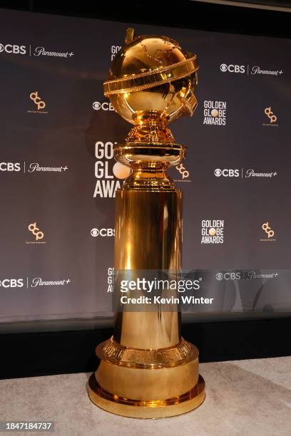 View of the Golden Globe Award trophy statue onstage before the 81st Golden Globe Awards nominations announcement at The Beverly Hilton on December...