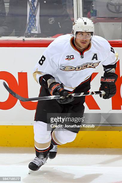 Teemu Selanne of the Anaheim Ducks follows the play up the ice during second-period action against the Winnipeg Jets at the MTS Centre on October 6,...