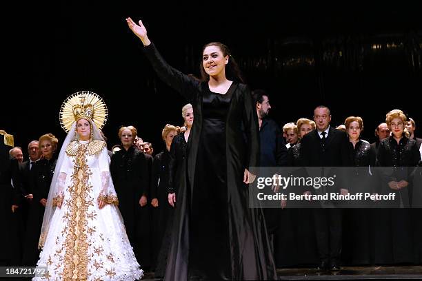 Oksana Dyka in the role of Aida at the end of the representation - AROP Gala at Opera Bastille with a representation of 'Aida' on October 15, 2013 in...