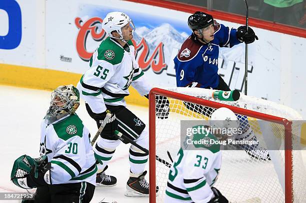 Matt Duchene of the Colorado Avalanche celebrates his second period goal against goalie Dan Ellis of the Dallas Stars as Sergei Gonchar and Alex...