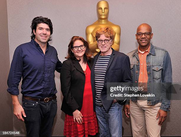 Writer/Director J.C. Chandor, journalist/moderator Thelma Adams, actor Robert Redford, and AMPAS New York Event Director Patrick Harrison attend an...