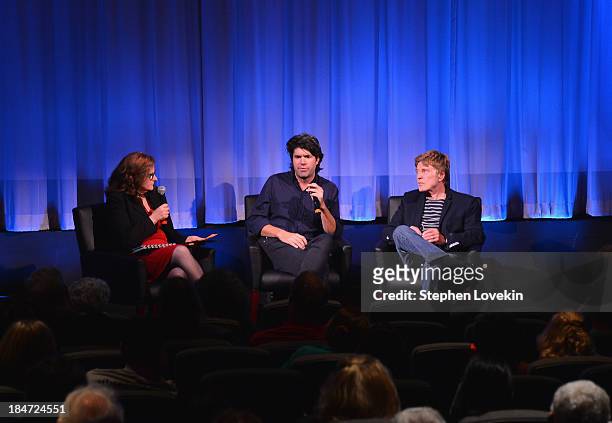 Journalist/moderator Thelma Adams, writer/director J.C. Chandor, and actor Robert Redford speak to the audience at an official Academy members...