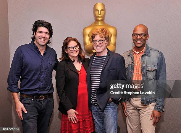 Writer/Director J.C. Chandor, journalist/moderator Thelma Adams, actor Robert Redford, and AMPAS New York Event Director Patrick Harrison attend an...