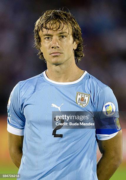 Diego Lugano of Uruguay looks on during a match between Uruguay and Argentina as part of the 18th round of the South American Qualifiers for the FIFA...