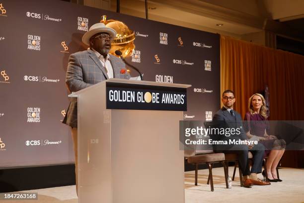 Cedric the Entertainer speaks onstage with Wilmer Valderrama and Helen Hoehne during the 81st Golden Globe Awards nominations announcement at The...