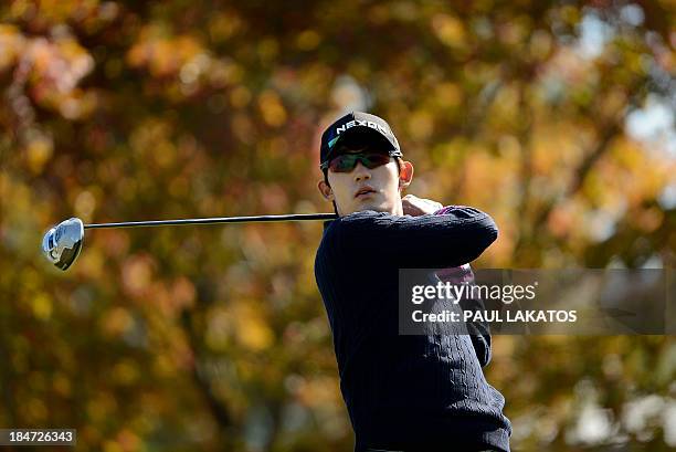 Kim Bi-o of Korea takes a shot on the course during the Pro-Am competition of the Kolon Korea Open at Woo Jeong Hills Country Club near Cheonan, on...