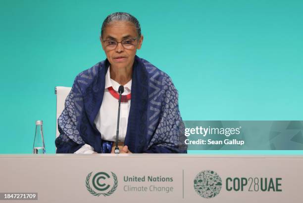 Marina Silva, Minister of the Environment and Climate Change of Brazil, speaks to the media on day eleven of the UNFCCC COP28 Climate Conference as...