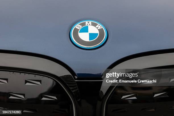 General picture shows the company's logo on an electric BMW iX3 car during the inauguration of an Atlante electric vehicle charging station, located...