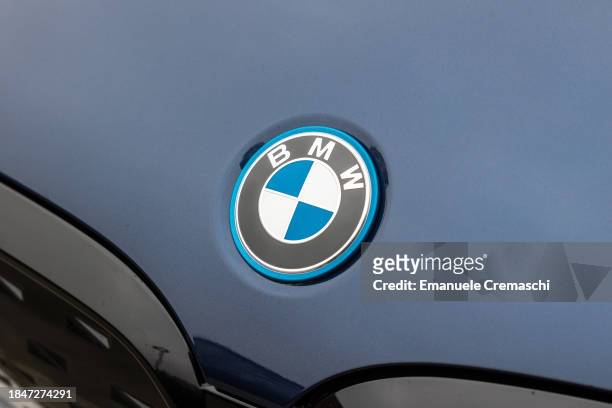General picture shows the company's logo on an electric BMW iX3 car during the inauguration of an Atlante electric vehicle charging station, located...
