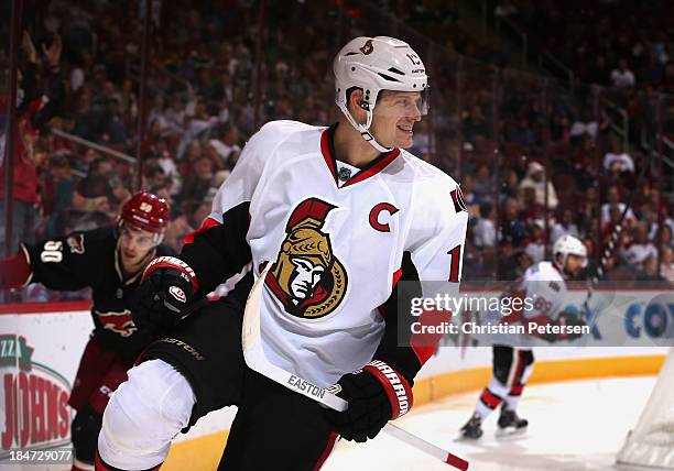 Jason Spezza of the Ottawa Senators celebrates after scoring a third period goal against the Phoenix Coyotes during the NHL game at Jobing.com Arena...