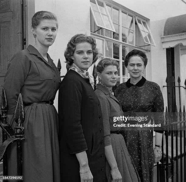 Princess Ileana of Romania with three of her daughters outside Cheval House, their home in Cheval Place, Knightsbridge, London, September 30th 1957.