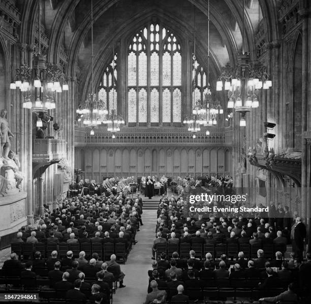 Interior view of the Guildhall's Great Hall during the election of the new Lord Mayor, Moorgate, City of London, October 1st 1957.