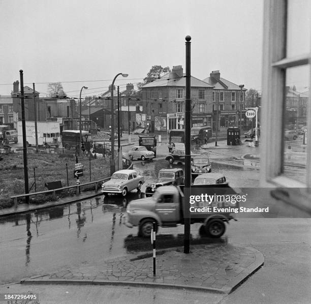 Demolition work begins at the Chiswick roundabout ahead of construction of the Chiswick Flyover, London, September 30th 1957.