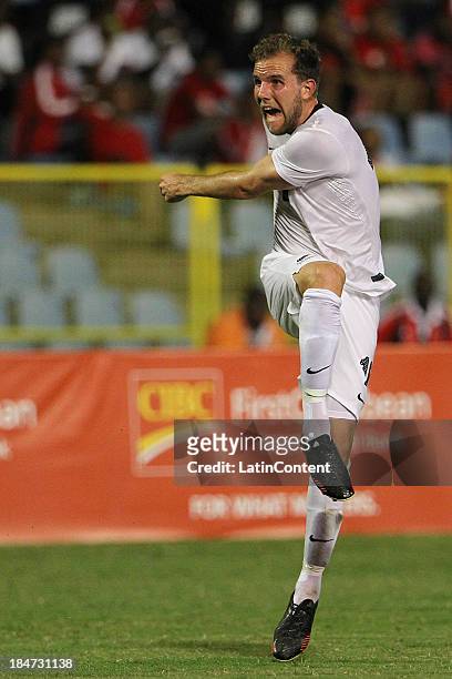 Jeremy Brockie of New Zealand has a shot at goal during a FIFA Friendly match between Trinidad & Tobago and New Zealand at the Hasley Crawford...