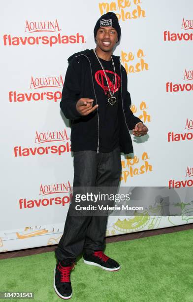 Nick Cannon arrives at Aquafina FlavorSplash Launch Party With Austin Mahone & Nick Cannon at Sony Pictures Studios on October 15, 2013 in Culver...