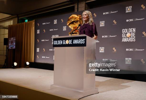 Helen Hoehne speaks onstage during the 81st Golden Globe Awards nominations announcement at The Beverly Hilton on December 11, 2023 in Beverly Hills,...