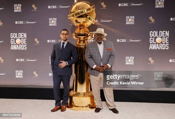 Wilmer Valderrama and Cedric the Entertainer pose onstage during the 81st Golden Globe Awards nominations announcement at The Beverly Hilton on...