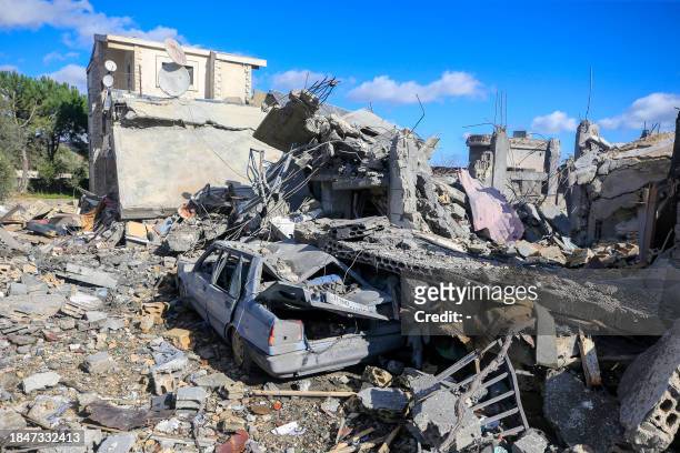 Picture taken on December 14, 2023 shows a destroyed house following Israeli bombardment during the past week, on the southern Lebanese village of...