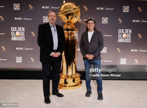 Ricky Kirshner and Glenn Weiss pose onstage during the 81st Golden Globe Awards nominations announcement at The Beverly Hilton on December 11, 2023...