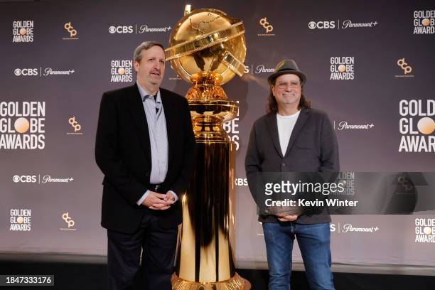 Ricky Kirshner and Glenn Weiss pose onstage during the 81st Golden Globe Awards nominations announcement at The Beverly Hilton on December 11, 2023...