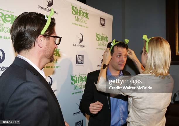 Christopher Sieber, Kelly Rutherford and John Tartaglia attend the "Shrek: The Musical" Blue-Ray and DVD release party at The Hudson Bond on October...
