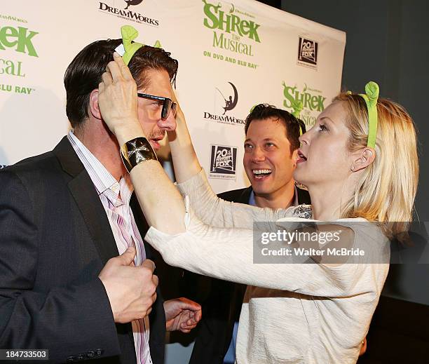 Christopher Sieber, Kelly Rutherford and John Tartaglia attend the "Shrek: The Musical" Blue-Ray and DVD release party at The Hudson Bond on October...