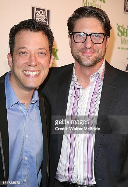John Tartaglia and Christopher Sieber attends the "Shrek: The Musical" Blue-Ray and DVD release party at The Hudson Bond on October 15, 2013 in New...