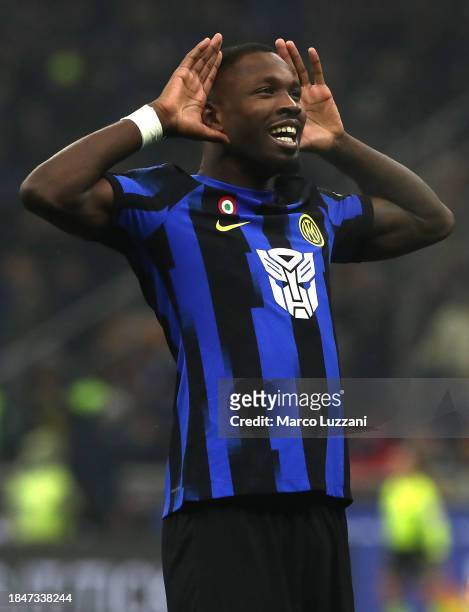 Marcus Thuram of FC Internazionale celebrates afterscoring their team's third goal during the Serie A TIM match between FC Internazionale and Udinese...