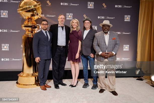 Wilmer Valderrama, Ricky Kirshner, Helen Hoehne, Glenn Weiss and Cedric the Entertainer pose onstage during the 81st Golden Globe Awards nominations...