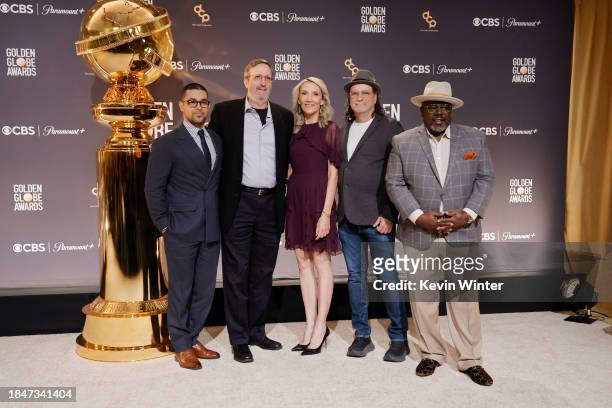 Wilmer Valderrama, Ricky Kirshner, Helen Hoehne, Glenn Weiss and Cedric the Entertainer pose onstage during the 81st Golden Globe Awards nominations...