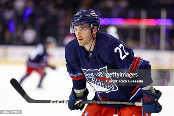 Jonny Brodzinski of the New York Rangers during warm ups prior to the game against the Los Angeles Kings on December 10, 2023 at Madison Square...