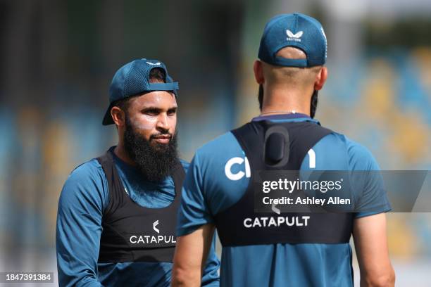 Adil Rashid and Moeen Ali during an England Net session ahead of the first T20 International between West Indies and England at Kensington Oval on...