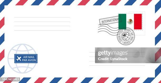 blank air mail envelope with mexico postage stamp. postcard vector illustration with mexican national flag isolated on white background. - mexican paper flag stock illustrations