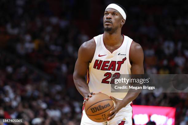 Jimmy Butler of the Miami Heat shoots a free throw against the Indiana Pacers during the second quarter of the game at Kaseya Center on December 02,...