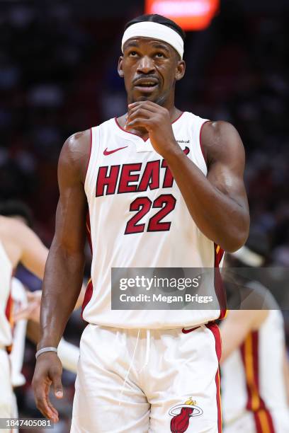 Jimmy Butler of the Miami Heat reacts against the Indiana Pacers during the second quarter of the game at Kaseya Center on December 02, 2023 in...