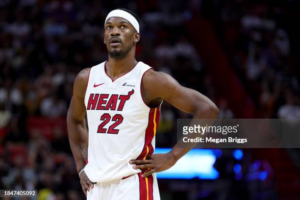 Jimmy Butler of the Miami Heat looks on against the Indiana Pacers during the second quarter of the game at Kaseya Center on December 02, 2023 in...