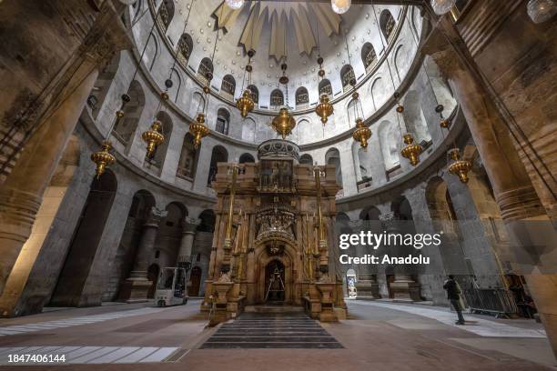 An interior view of Church of the Holy Sepulchre as all Christmas celebrations were canceled due to Israeli-Palestinian conflict in Old City of...