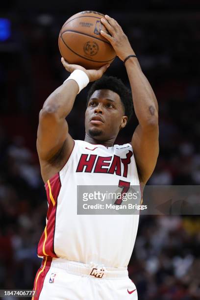 Kyle Lowry of the Miami Heat shoots a free throw against the Indiana Pacers during the second quarter of the game at Kaseya Center on December 02,...