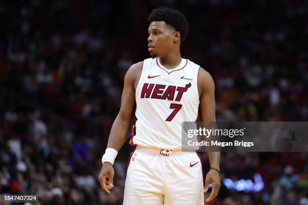 Kyle Lowry of the Miami Heat looks on against the Indiana Pacers during the second quarter of the game at Kaseya Center on December 02, 2023 in...