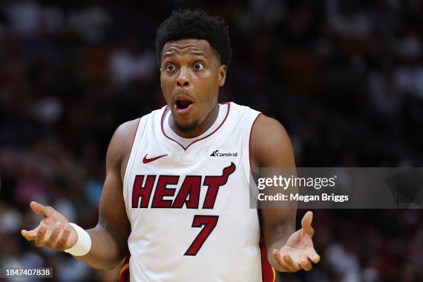Kyle Lowry of the Miami Heat reacts against the Indiana Pacers during the second quarter of the game at Kaseya Center on December 02, 2023 in Miami,...