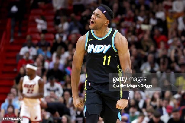 Bruce Brown of the Indiana Pacers reacts during the second quarter of the game against the Miami Heat at Kaseya Center on December 02, 2023 in Miami,...