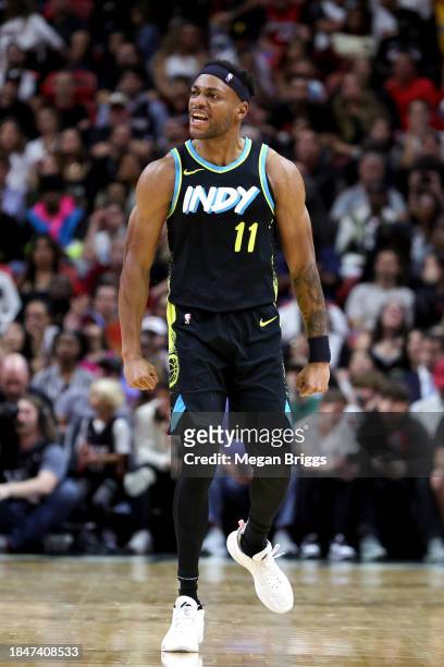 Bruce Brown of the Indiana Pacers reacts during the second quarter of the game against the Miami Heat at Kaseya Center on December 02, 2023 in Miami,...