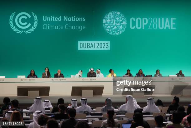 Sultan Ahmed Al Jaber , President of the COP28 UNFCCC Climate Conference, leads a plenary session on day eleven of the UNFCCC COP28 Climate...