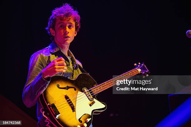 Augie Rampolla of Hellogoodbye performs on stage at Key Arena on October 15, 2013 in Seattle, Washington.