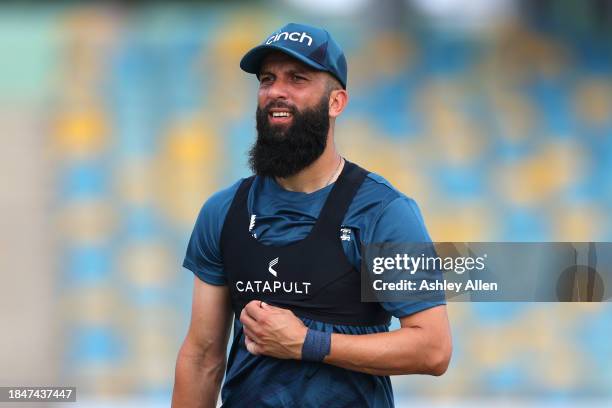 Moeen Ali of England during an England Net session ahead of the first T20i between West Indies and England at Kensington Oval on December 11, 2023 in...