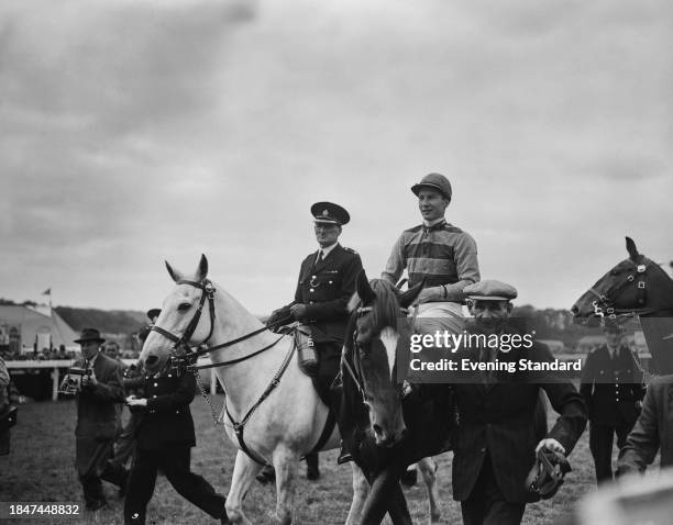 British thoroughbred racehorse Crepello, ridden by Lester Piggott , after winning the Epsom Derby, June 5th 1957.