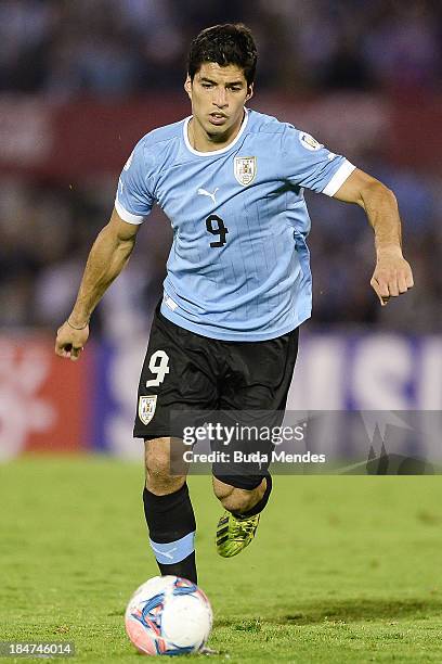 Luis Suarez of Uruguay in action during a match between Uruguay and Argentina as part of the 18th round of the South American Qualifiers for the...