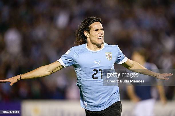 Edinson Cavani of Uruguay celebrates a goal during a match between Uruguay and Argentina as part of the 18th round of the South American Qualifiers...