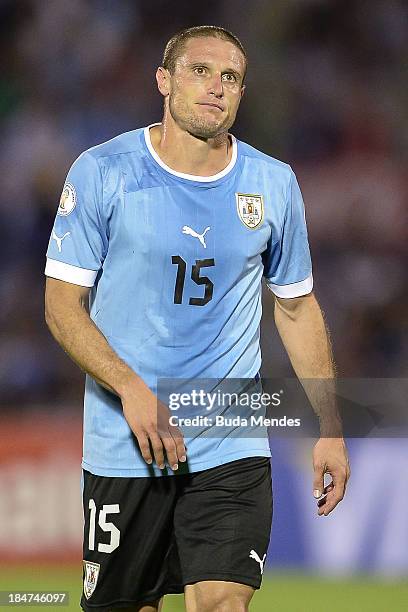 Diego Perez of Uruguay looks on during a match between Uruguay and Argentina as part of the 18th round of the South American Qualifiers for the...